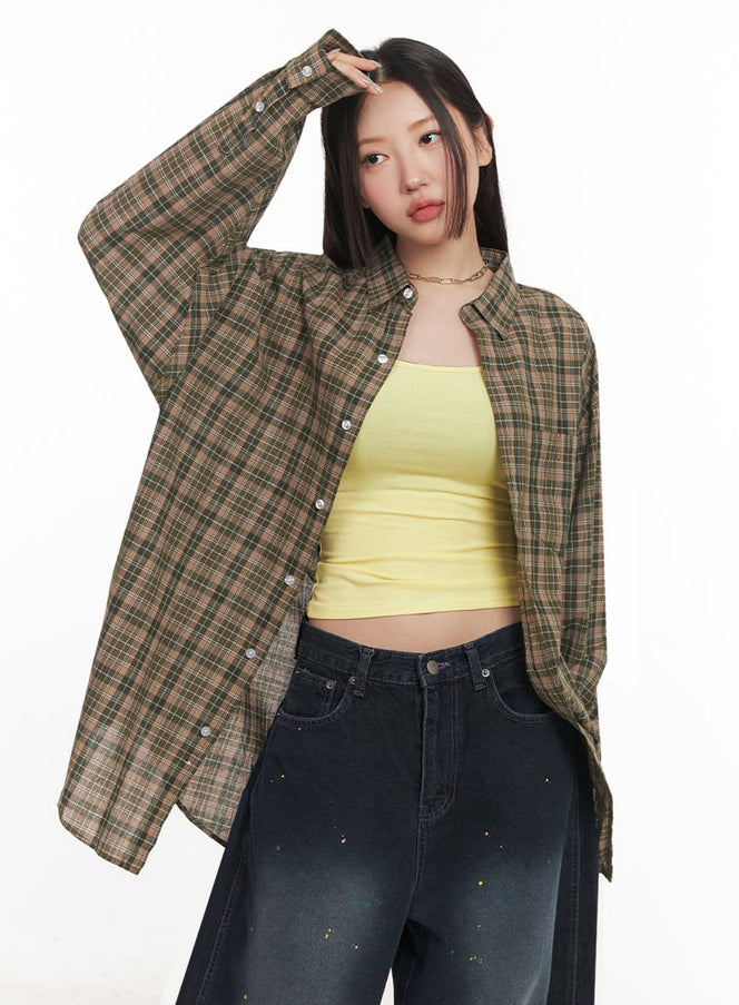 checkered-oversize-collared-t-shirt-im525 / Dark green