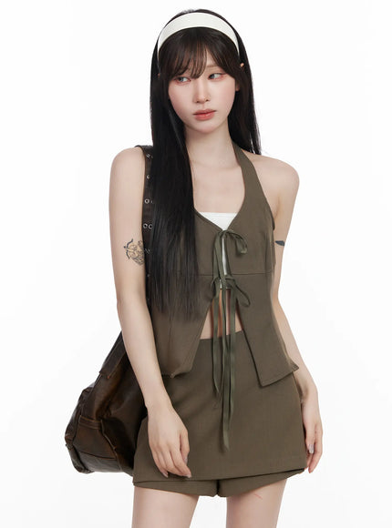 trendy-tie-front-corset-top-cf519 / Dark green