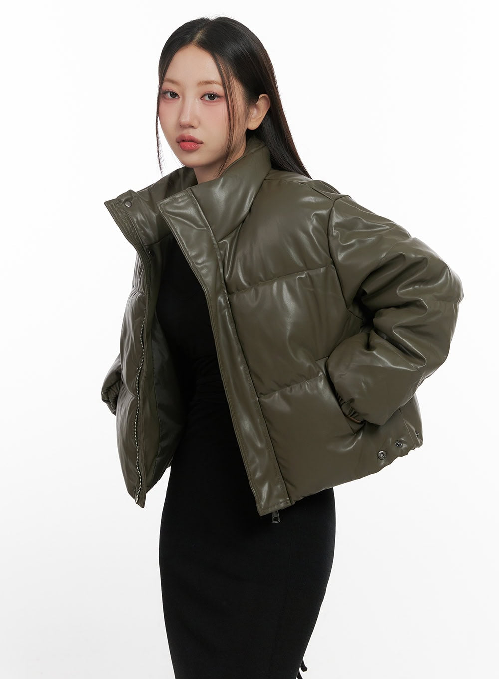 urban-edge-faux-leather-puffer-jacket-cn419 / Dark green