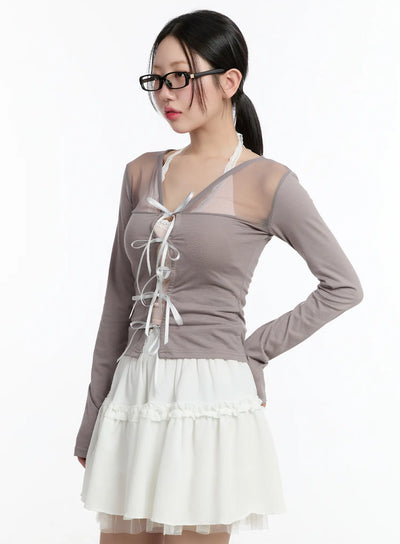 sheer-ribbon-mesh-cardigan-cm511 / Dark pink