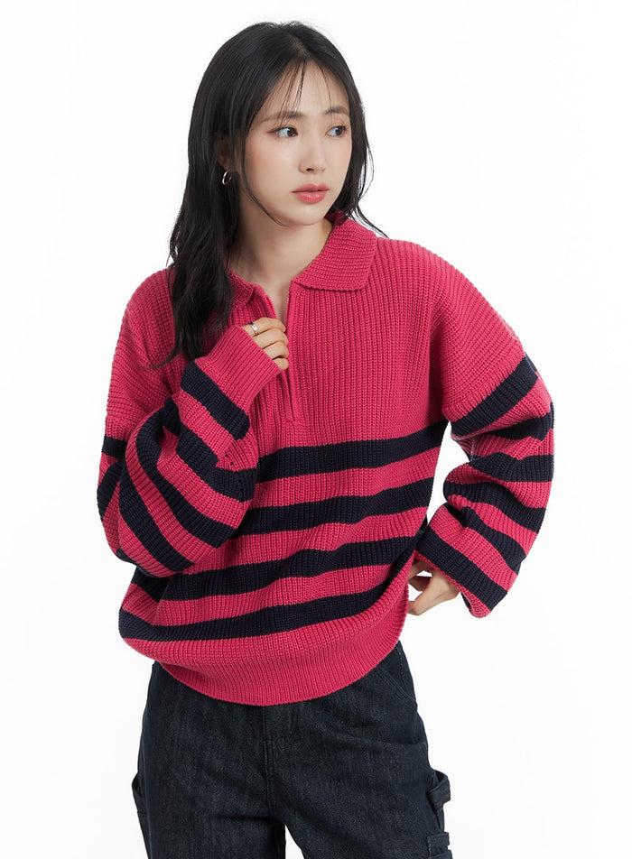contrasting-collar-knit-sweater-om408 / Dark pink