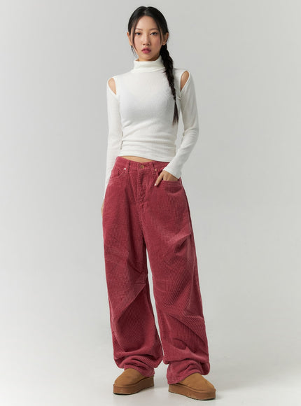corduroy-pintuck-wide-leg-pants-cd307 / Dark pink