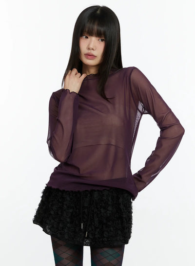sheer-mock-neck-long-sleeve-top-cf509 / Dark purple