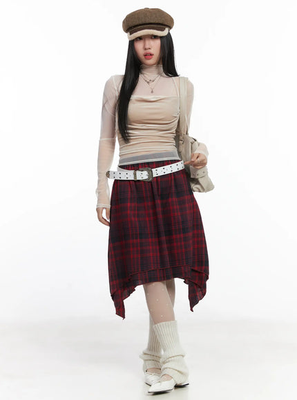 asymmetric-checkered-midi-skirt-cd530 / Dark red