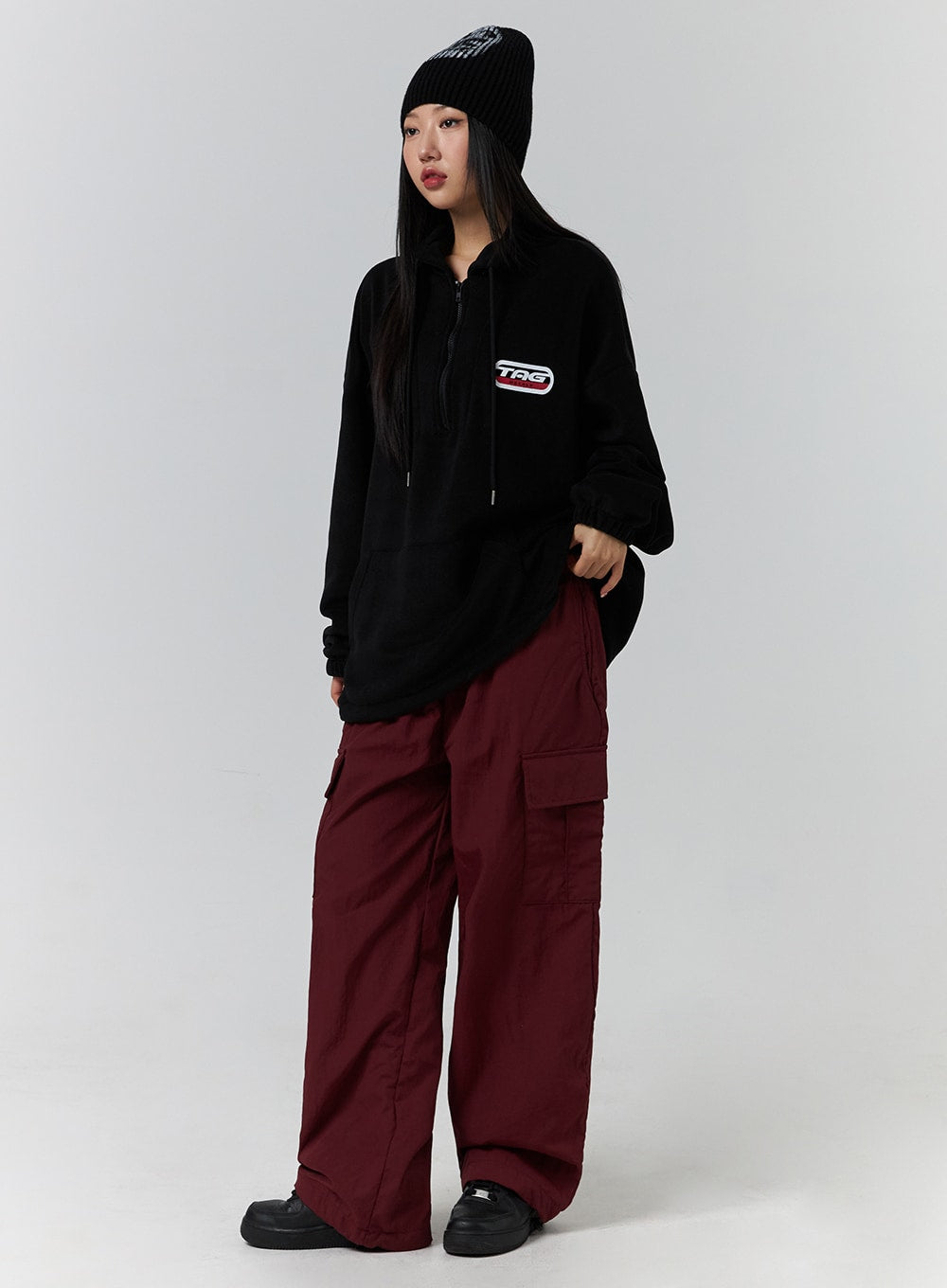 terry-middle-waist-solid-pocket-cargo-pants-cd329 / Dark red