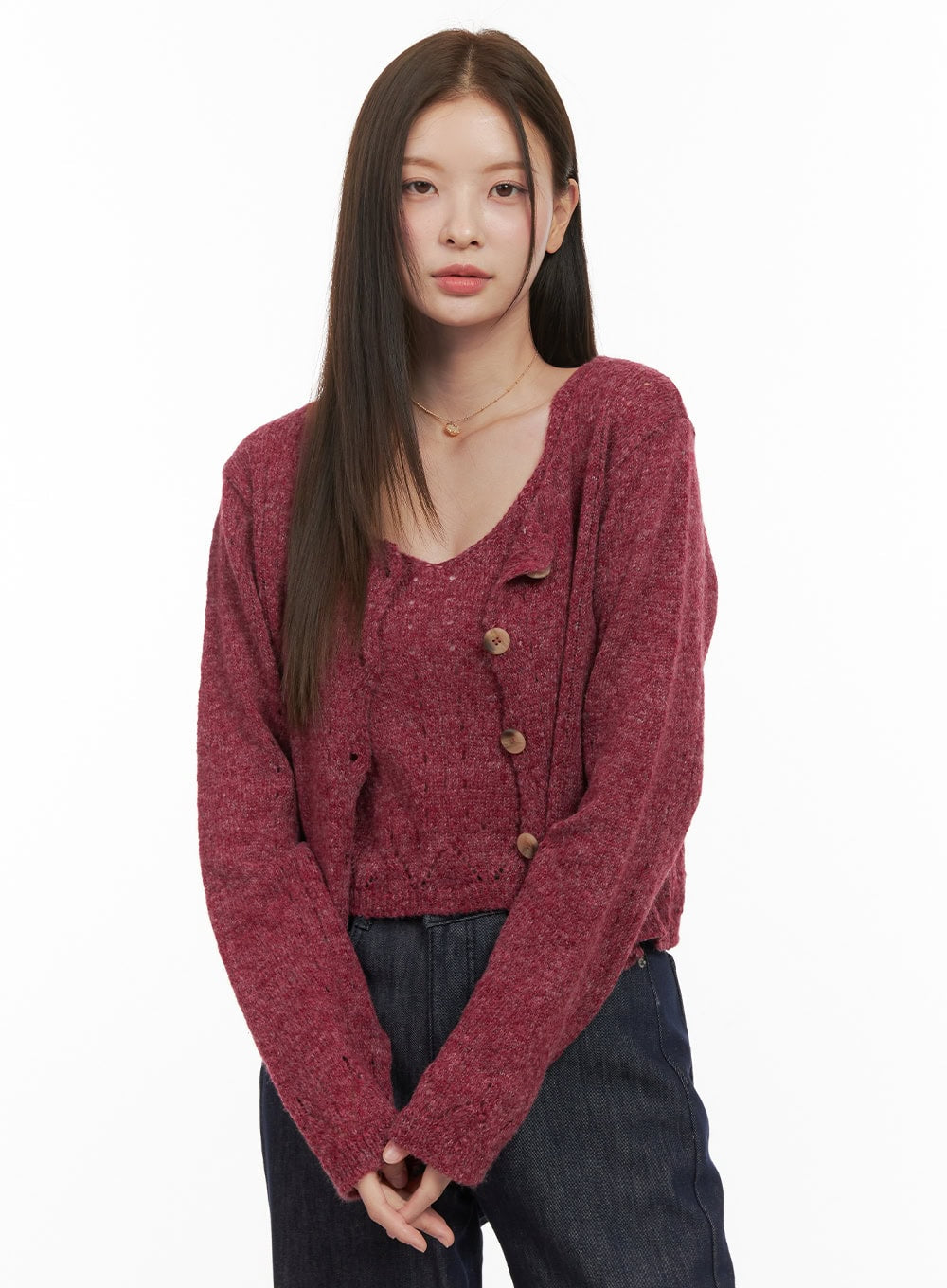 soft-touch-buttoned-cardigan-cami-set-od412 / Dark red