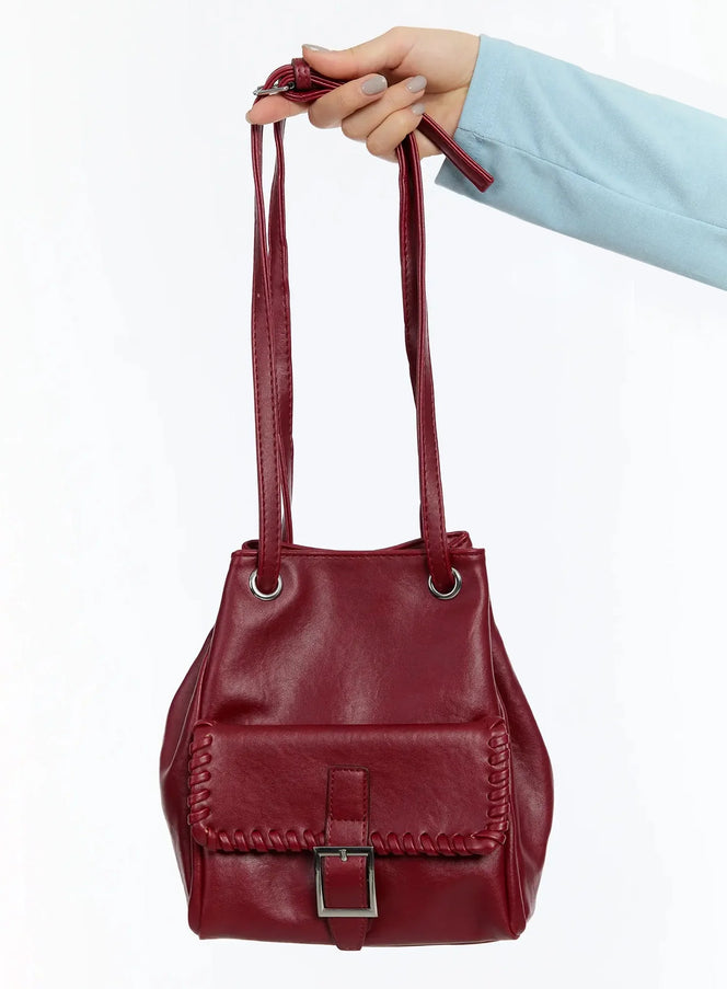 front-pocket-drawstring-shoulder-bag-im509 / Dark red