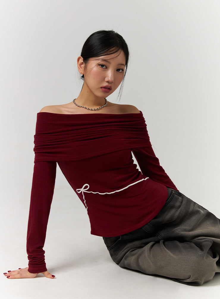 off-shoulder-solid-ruched-long-sleeve-top-with-ribbon-detail-cd329 / Dark red