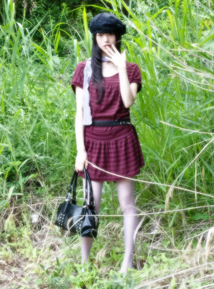 striped-relaxed-fit-mini-dress-iu524 / Dark red