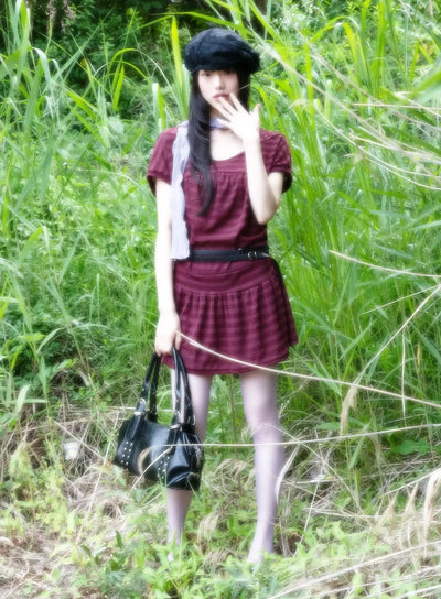 striped-relaxed-fit-mini-dress-iu524 / Dark red