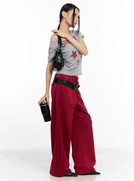 casual-wide-leg-track-pants-cl529 / Dark red