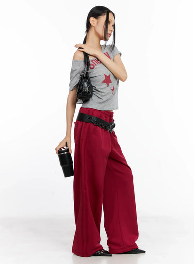 casual-wide-leg-track-pants-cl529 / Dark red