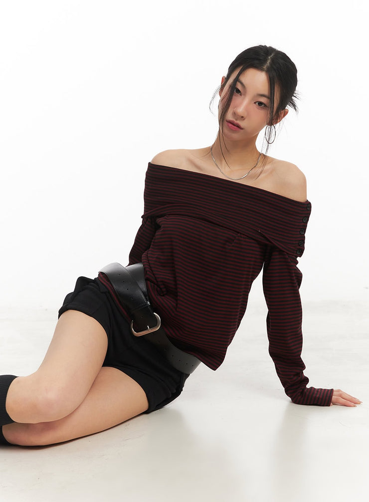 Striped Long-Sleeve Off-Shoulder Top CM503