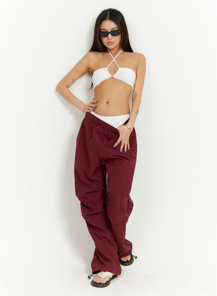 pintuck-nylon-wide-leg-pants-oy408 / Dark red