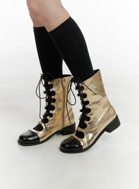 metallic-patchy-lace-up-chelsea-boots-om426 / Dark yellow