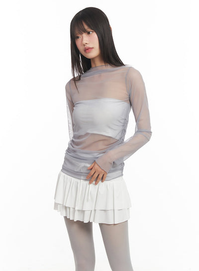 sheer-shirred-long-sleeve-top-ca522 / Gray