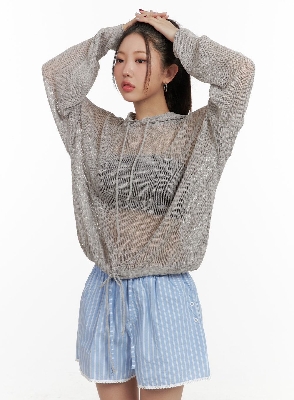 sheer-drawstring-hoodie-oa416 / Gray