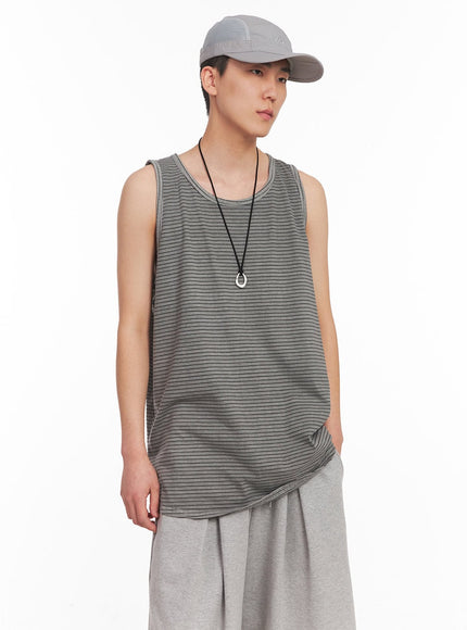 mens-striped-loose-fit-sleeveless-shirt-iy506 / Gray