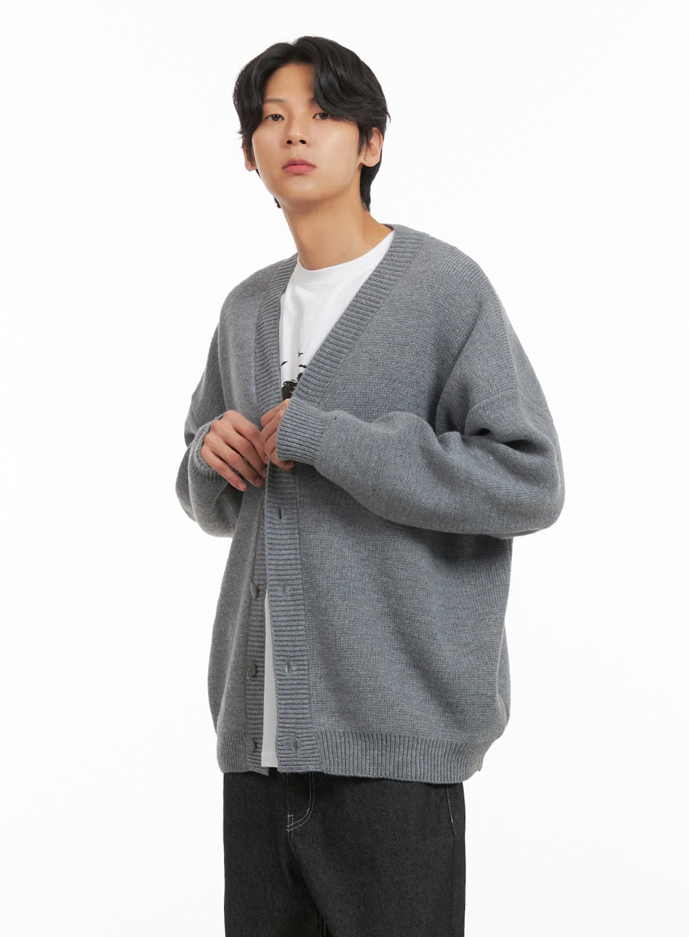 mens-oversized-buttoned-cardigan-gray-iy416 / Gray