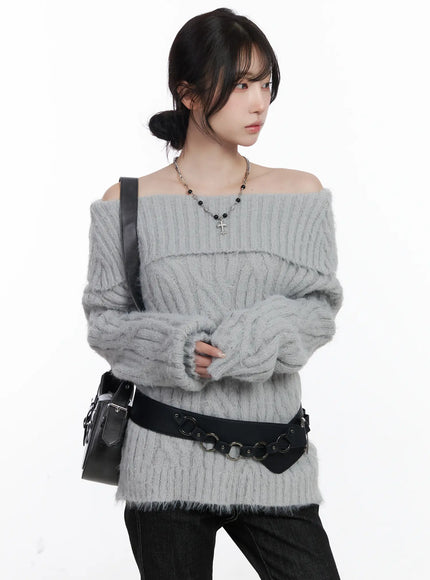 cozy-off-shoulder-cable-knit-sweater-cj526 / Gray