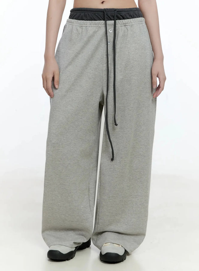 layered-button-baggy-sweatpants-io527 / Gray
