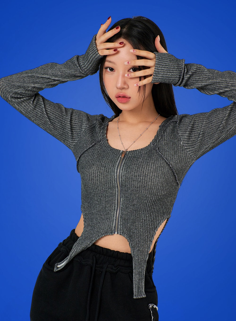solid-wool-blend-zip-up-crop-top-ij302 / Gray