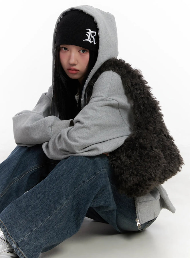 checkered-detail-zip-up-hoodie-cn528 / Gray