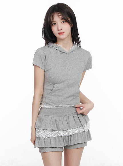 lace-trim-slim-fit-short-sleeve-hoodie-cm531 / Gray