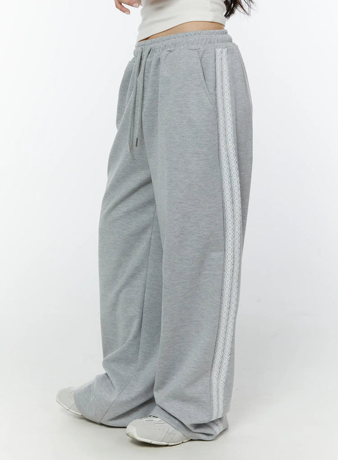 lace-accent-wide-leg-sweatpants-iy507 / Gray