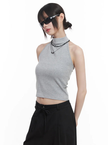 buttoned-halter-neck-crop-top-cu518 / Gray