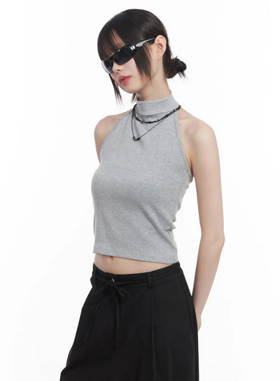 buttoned-halter-neck-crop-top-cu518 / Gray