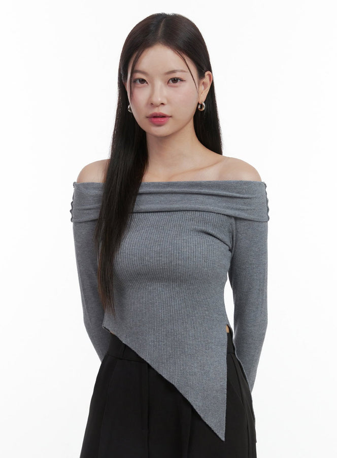 unbalanced-off-shoulder-crop-top-oo416 / Gray