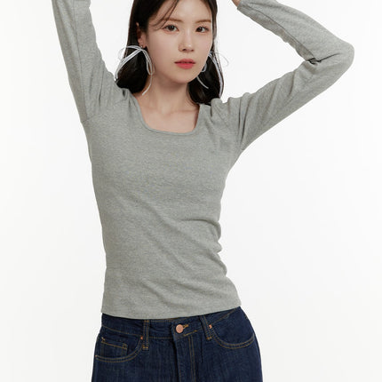 basic-cotton-u-neck-long-sleeve-tee-oa405 / Gray
