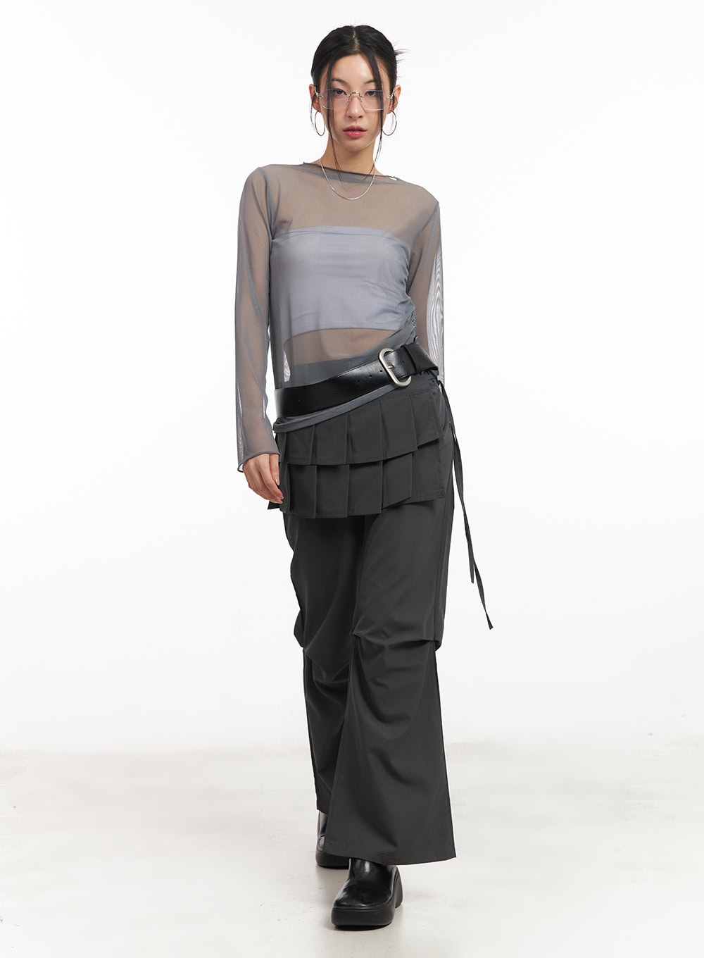 sheer-shirring-ribbon-long-sleeve-top-cm503 / Gray