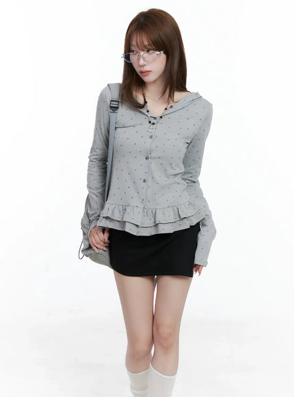 ruffle-polka-dot-hooded-cardigan-cs501 / Gray