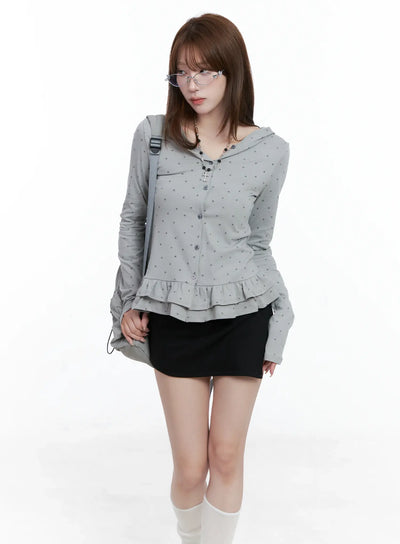 ruffle-polka-dot-hooded-cardigan-cs501 / Gray