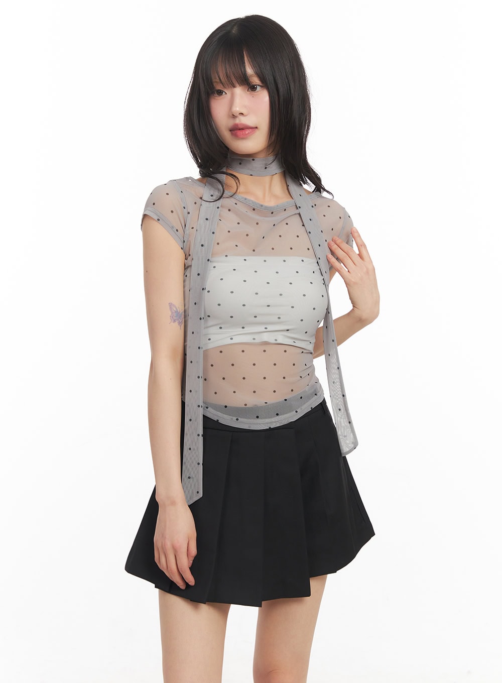 sheer-polkadot-crop-top-with-scarf-ca522 / Gray