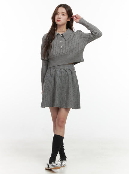 buttoned-collar-knit-skirt-set-oo421 / Gray