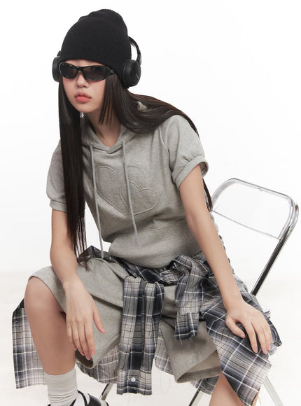 heart-patched-puff-short-sleeve-hoodie-cm528 / Gray