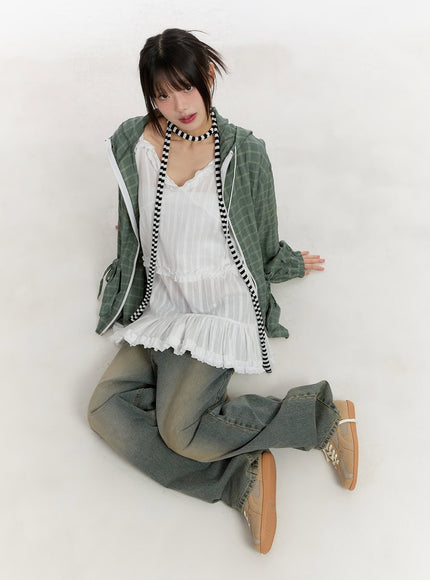 Ribbon Pocket Checkered Hooded Jacket CA508