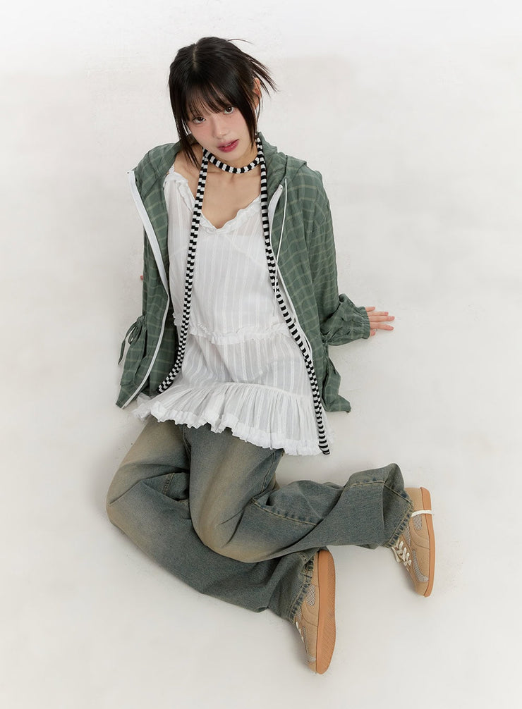 Ribbon Pocket Checkered Hooded Jacket CA508