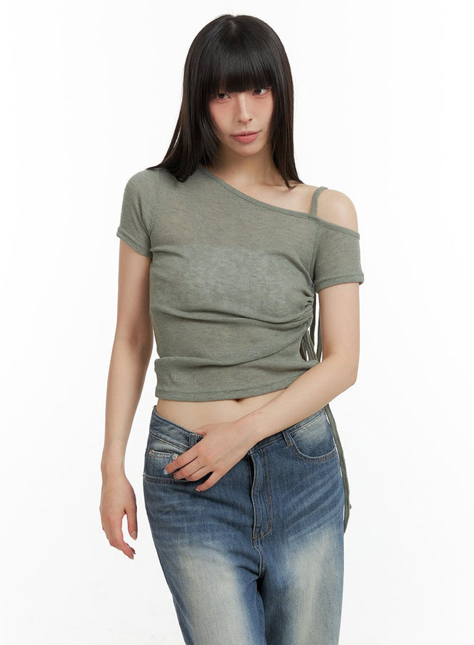 shirred-unbalanced-crop-top-cl422 / Green