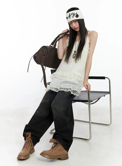 lace-frill-long-tank-top-im530 / Light beige