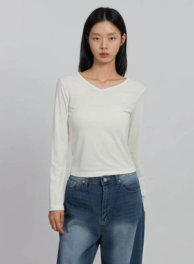 v-neck-long-sleeve-tee-id516 / Light beige