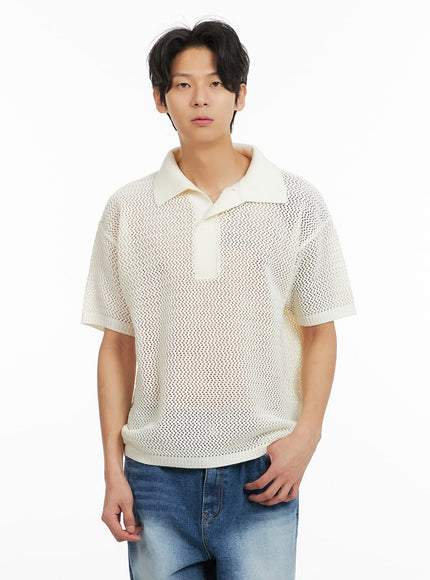 mens-mesh-knit-collared-top-ia402 / Light beige