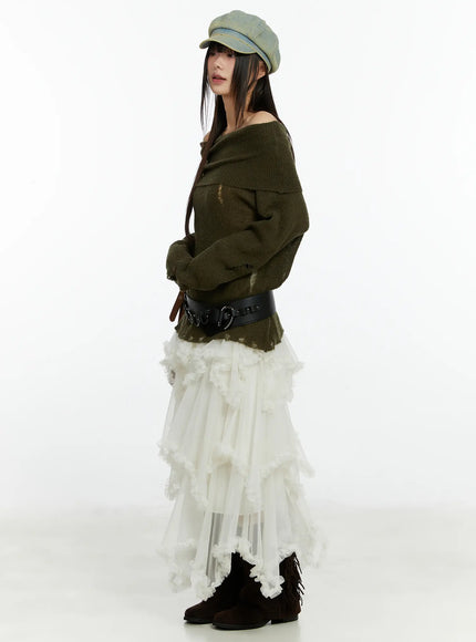 chiffon-lace-maxi-skirt-cf510 / Light beige