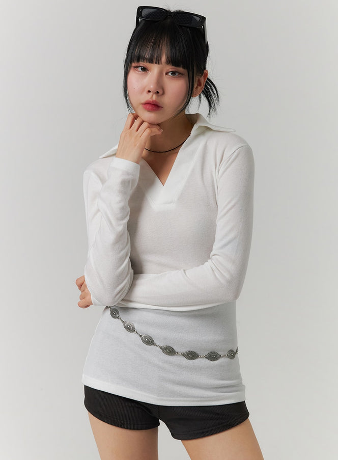 v-neck-collar-long-sleeve-tee-cj419 / Light beige