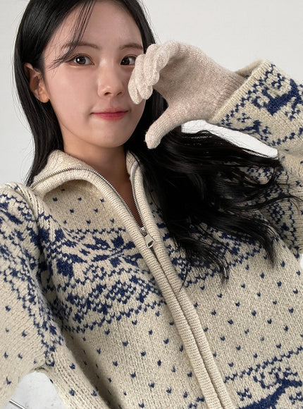 jacquard-zip-up-sweater-on327 / Light beige