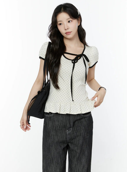 polka-dot-puff-sleeve-ribbon-top-iy507 / Light beige