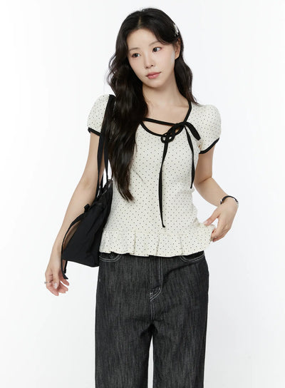 polka-dot-puff-sleeve-ribbon-top-iy507 / Light beige